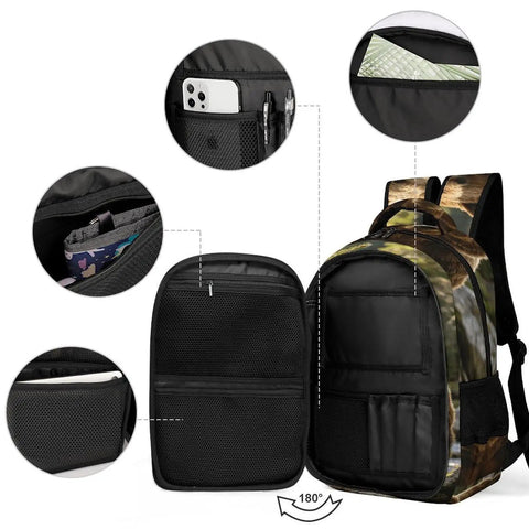Open Stream Brown Bear Printed Unisex Backpack interior showing compartments and pockets, durable polyester material.