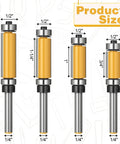 Flush Trim Router Bit Set With Top And Bottom Bearings Carbide Straight Cut Four Cutting Lengths From Three Quarters Inch To One And A Half Inch One Quarter Inch Shank Great For Precise Edge Routing On Wood, displayed with product sizes.