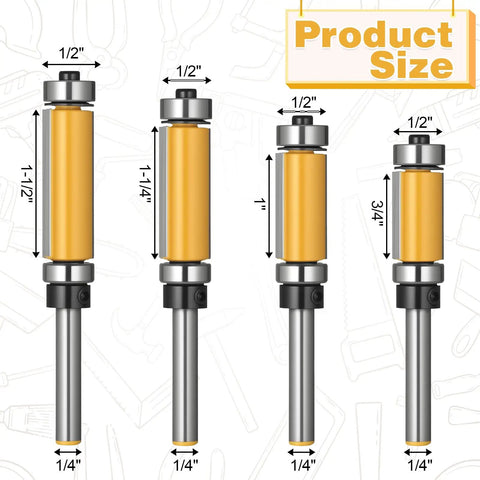 Flush Trim Router Bit Set With Top And Bottom Bearings Carbide Straight Cut Four Cutting Lengths From Three Quarters Inch To One And A Half Inch One Quarter Inch Shank Great For Precise Edge Routing On Wood, displayed with product sizes.