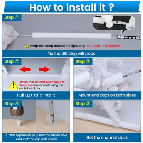 Installation steps for 16.5 Ft Silicone LED Channel With Diffuser IP67 Waterproof Flexible Bendable For Neon LED Strips Up To 11 Millimeters Wide
