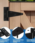 Top Shelf 6 Pack Of 4 Inch T Strap Hinges Straight Up Built Tough Gate Hardware With Included Screws Rock Solid Barn Door And Shed Mounts Rust Proof Black Finish on wooden door with visible screws.