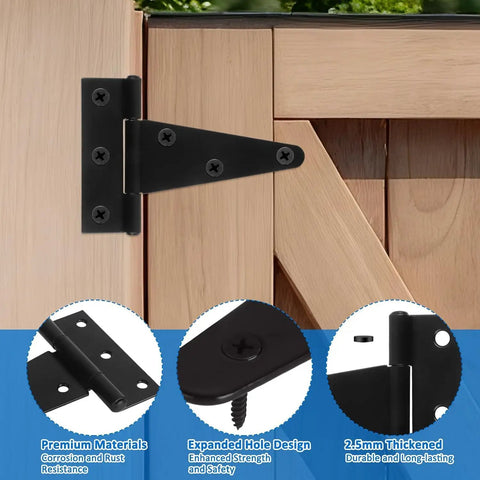 Top Shelf 6 Pack Of 4 Inch T Strap Hinges Straight Up Built Tough Gate Hardware With Included Screws Rock Solid Barn Door And Shed Mounts Rust Proof Black Finish on wooden door with visible screws.