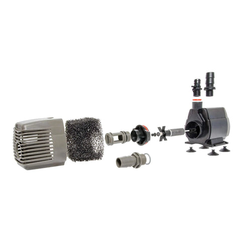 Disassembled submersible water pump with foam filter and fittings 1000 GPH black