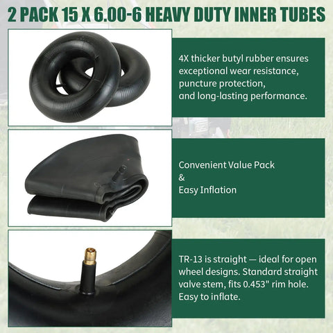 Two Pack Heavy Duty Inner Tubes 15x6.00-6 With TR-13 Valve Stem for Lawn Mowers Tractors ATVs and More, shown in packaging