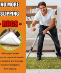 Man using vacuum on green rug with Rug Grippers With Super Sticky Hold For Anti Curling And Non Slip Carpet Tape shown in inset.