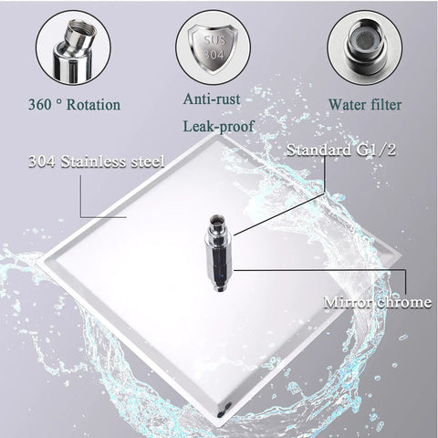 16 Inch LED Square Rain Shower Head With High Pressure Stainless Steel Bath Shower Ultra Thin Rainfall Shower Head Silicone Nozzle And Powerful Spray Performance With 3 Adjustable Settings, featuring 304 stainless steel and mirror chrome finish.