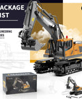 Front view of orange and gray RC excavator toy with metal shovel and tracked undercarriage; packaging box visible