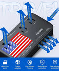 All In One 2200W Travel Voltage Converter from US to Europe with flag, 3 AC outlets, 4 USB ports shown