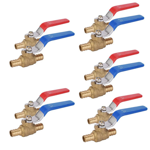 Ten Pack One Half Inch PEX Shut Off Valves Brass Ball Valves With One Quarter Inch Turn Full Port For Hot And Cold Water Red And Blue Color Coded Stop Valves