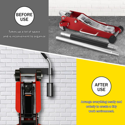 Wall Mount Floor Jack Stand Rack Organizer Heavy Duty Mount Brackets Hydraulic Jack Holder Garage Tool Organizer For Workshops And Garages Safe Storage And Space Saving Tower Trailer Accessories shown in before and after usage comparison.