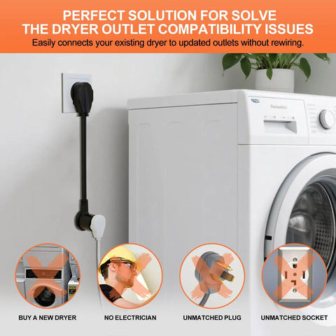 Three Prong To Four Prong Dryer Adapter Cord One And A Half Foot Flexible 30A 250V NEMA 14 30P To 10 30R Copper Wire shown in use