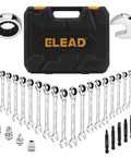 33 Piece Ratchet Wrench Set With SAE And Metric Sizing From One Quarter To Three Quarters Inches And Six To Eighteen Millimeters displayed with case