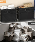 No Fuss Roll Around Trash Cart, 51.5 Gallon Commercial Waste Bin With Twin Lockable Wheels, organized bins before and after cleanup.