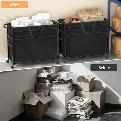 No Fuss Roll Around Trash Cart, 51.5 Gallon Commercial Waste Bin With Twin Lockable Wheels, organized bins before and after cleanup.