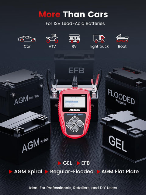 BA101 12V Car Battery Tester Digital Automotive Alternator Meter with various battery types including AGM, GEL, and EFB.