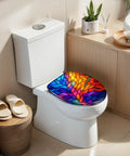 Elongated Colorful Stained Glass Effect Abstract Leaf Radiant Toilet Seat on white toilet with floral design in modern bathroom.