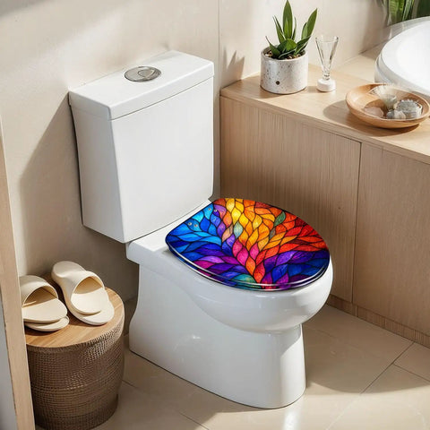Elongated Colorful Stained Glass Effect Abstract Leaf Radiant Toilet Seat on white toilet with floral design in modern bathroom.