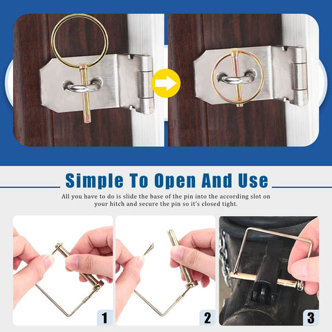 254 Piece Mixed Lynch And Clevis Pins Set With 5 Styles Of Pin Fasteners installed on a hinge demonstrating usage