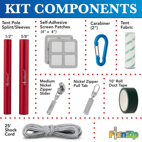 All In One Tent Repair Kit For Camping With Zipper Slider Replacement, Pole Splints, Shock Cord, Screen Patches, Duct Tape And Carabiners, kit components displayed.
