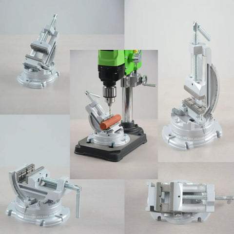 Heavy Duty Drill Press Vise With 0 To 90 Degree Tilt And 360 Degree Swivel Base, 3 Inch Jaws For Precision Metalworking, Ideal Milling And Drilling Fixture With Aluminum Body, Angled, Secure Workholding For DIY And Pros. Shown holding work at angle