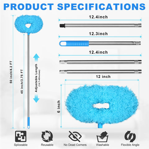 Ceiling Fan Cleaner Duster With Adjustable Extension Pole And Interchangeable Head for cleaning fan blades, details shown.