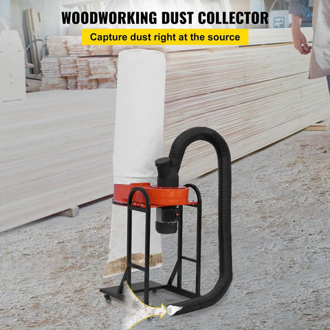 Pro Grade Portable Dust Collector With 716 CFM Vortex Cyclone System in workshop, 1.5 HP motor, 47 gallon bag, mobile base.