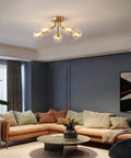Living room with Gold Five Light Sputnik Style Ceiling Light Semi Flush Mount With Glass Globe Pendant Lamps