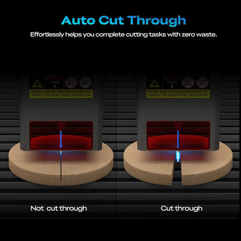 Comparison showing Falcon2 Pro S 22W Laser Engraver With Z Axis Auto Focus And Auto Cut Through capability cutting wood.