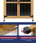 Outdoor Wood And Metal Storage Cabinet With Waterproof Roof for Garden Tools, showing T Hinges and adjustable feet detail.