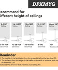 Recommendations for ceiling fan downrod lengths based on ceiling heights, showing various options for 5-40 inch downrods.