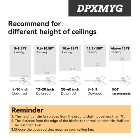Recommendations for ceiling fan downrod lengths based on ceiling heights, showing various options for 5-40 inch downrods.