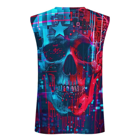 Back view of Mens Sick American Flag Skull Tank Top Summer Sleeveless Graphic Tee in vibrant colors for gym or beach.