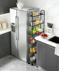 Slim Rolling Storage Cart With Wheels, 6-Tier Narrow Black Shelf On Casters next to kitchen refrigerator