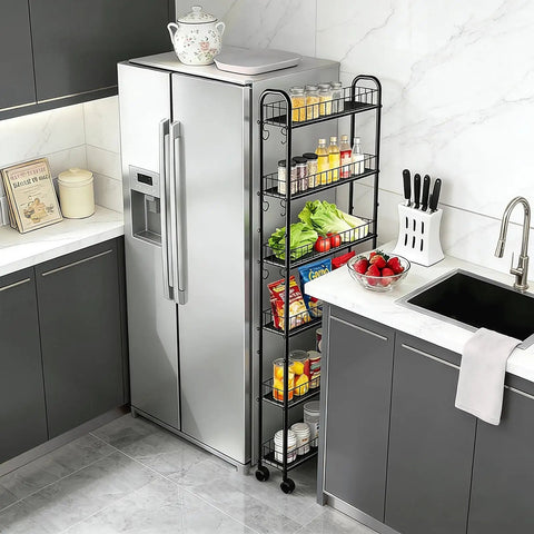Slim Rolling Storage Cart With Wheels, 6-Tier Narrow Black Shelf On Casters next to kitchen refrigerator