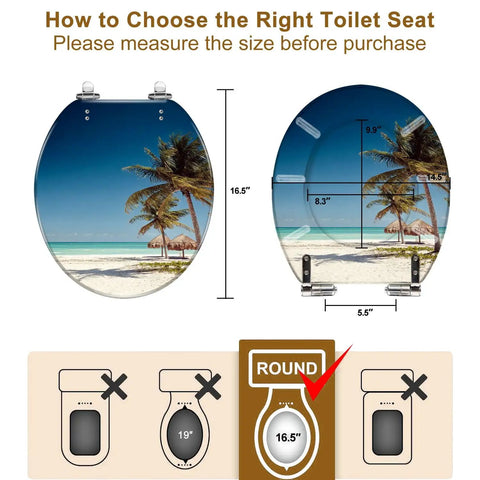 Round Resin Toilet Seat Decked Out In Tropical Beach Thatched Roof Art Soft Close Quick Release Hinges No Drama Quick Install For American Standard Toilets dimensions display