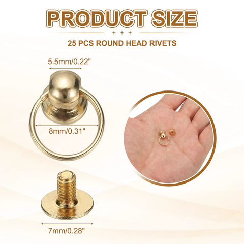 Dope Light Gold Screwback Round Head Rivets With Single Ring For Leather Crafting Durable Zinc Alloy Hardware Kit shown at 7mm and 8mm sizes.
