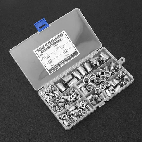 Pro Grade Rivet Nut Kit For Sheet Metal Repair M3 To M10 in clear portable box with stainless steel threaded inserts