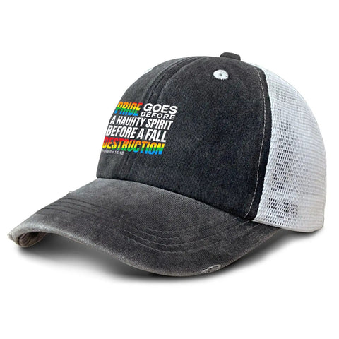 Proverbs 16 18 Dope Mens Trucker Hat With Cool Tennis Style, black front, white mesh back, curved brim, colorful text design.