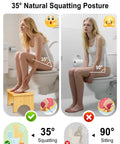 Comparison of squatting vs sitting on toilet with Eco Friendly Bamboo Toilet Stool Six Point Five Inch, showing improved posture.