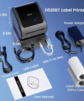 Bluetooth Thermal Shipping Label Printer For 4x6 Rolls And Wide Fan Fold Paper With Spacious Built In Storage Tray, cables and user manual laid out.