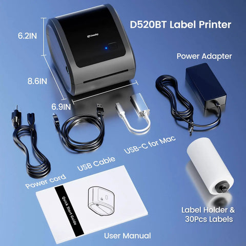 Bluetooth Thermal Shipping Label Printer For 4x6 Rolls And Wide Fan Fold Paper With Spacious Built In Storage Tray, cables and user manual laid out.