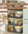 No Fuss Foldable Storage Bins Featuring Secure Snap Lids And Smooth Rolling Wheels These Stackable Plastic Cube Containers Make Quick Work Of Messy Closets And Tame Wobbly Gap Spaces Effortlessly, displayed in a light luxury double door cabinet setup.