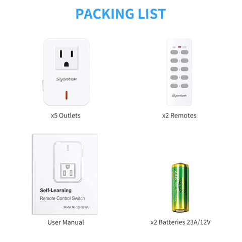 Remote Control Outlet Kit With Wireless Light Switch For Household Appliances, Expandable 5 Outlets Plus 2 Remotes packaging