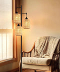 Boho Bamboo Floor Lamp With Remote Dimmer And Dimmable Bulb Warm Cozy Glow For Living Room Or Bedroom Black Industrial Farmhouse Tall Corner Lamp With Wicker Shade beside chair