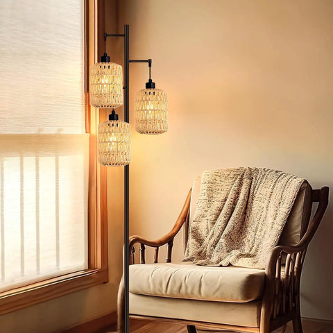 Boho Bamboo Floor Lamp With Remote Dimmer And Dimmable Bulb Warm Cozy Glow For Living Room Or Bedroom Black Industrial Farmhouse Tall Corner Lamp With Wicker Shade beside chair