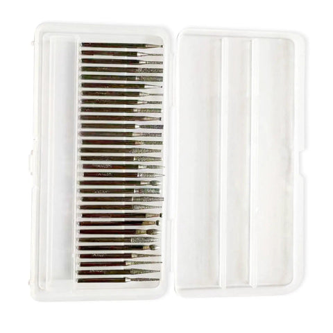 Diamond Drill Bit Set For Stone And Glass, 30 Piece Mixed Sizes With One Eighth Inch Shank in white case
