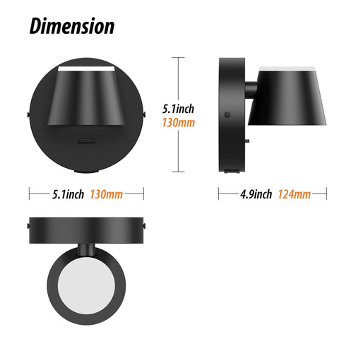 Diagram of LED Wall Sconce With On/Off Switch And USB Port, 110V Hardwired Wall Lamp, 350 Degree Rotatable Up Down Sconce, dimensions shown.