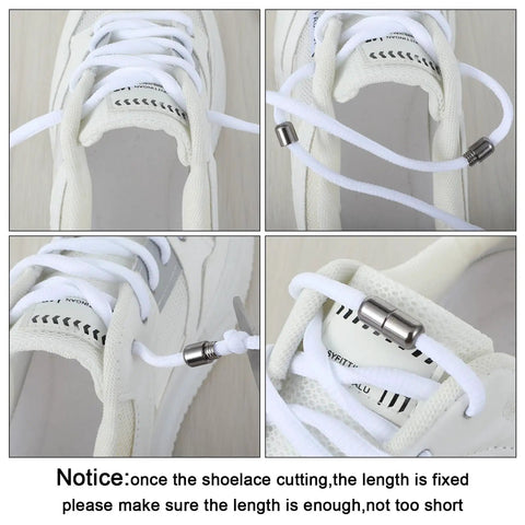 Anti Loosening Shoe Lace Locks Set For Sneakers 12 Pcs Glossy Metal Tip Ends Cord Locks Turn Locks Clip Buckles No Tie Shoelace Clips For Quick Secure Lacing During Running Walking Gym, white sneaker with metal lace lock close-up