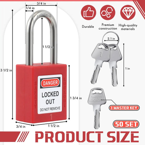 50 Piece Lockout Tagout Padlock Kit With Differently Keyed Safety Locks, diagram showing red LOTO padlock dimensions, two keys