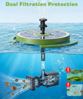 Go To Solar Water Pump Fountain For Garden Bird Bath With Built In 1500mAh Battery 3.5W Panel And 8 Nozzles High Efficiency Glass Panels Outdoor Pond Pool Fish Tank Dark Green above and below water view